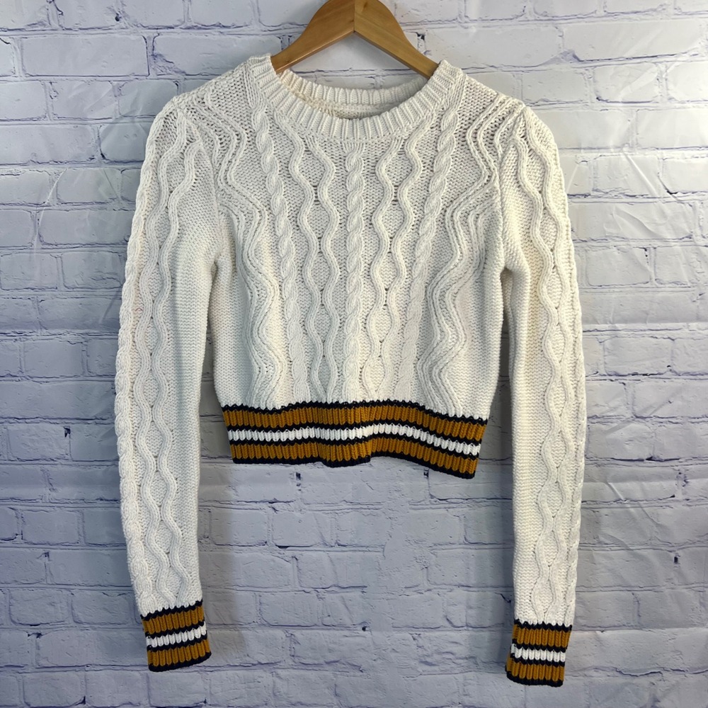 Kendall & Kylie Women's Cropped Cable Knit Sweater X-Small Cream With Stripes